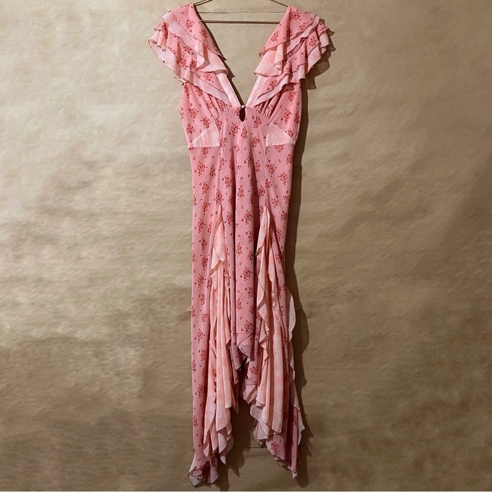 Free People | Joaquin Dress Peach Combo Floral Ruffle Godet Midi Dress Size S